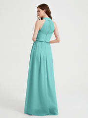 Col Haut Mousseline Robes Avec Fente Et Ceinture Nœud Spa
