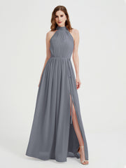 Col Haut Mousseline Robes Avec Fente Et Ceinture Nœud Gris Acier Grande Taille