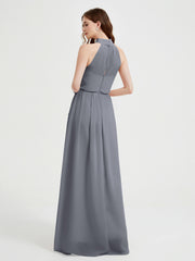 Col Haut Mousseline Robes Avec Fente Et Ceinture Nœud Gris Acier Grande Taille