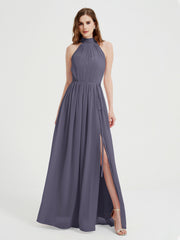 Col Haut Mousseline Robes Avec Fente Et Ceinture Nœud Orageux Grande Taille