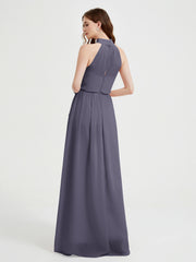 Col Haut Mousseline Robes Avec Fente Et Ceinture Nœud Orageux