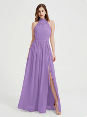 Col Haut Mousseline Robes Avec Fente Et Ceinture Nœud Tahiti