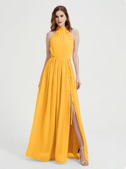 Col Haut Mousseline Robes Avec Fente Et Ceinture Nœud Mandarine