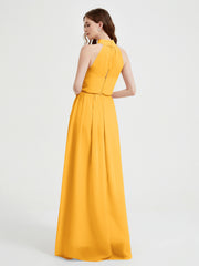 Col Haut Mousseline Robes Avec Fente Et Ceinture Nœud Mandarine Grande Taille