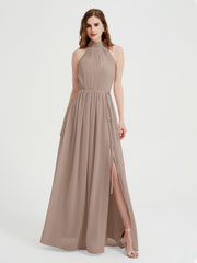 Col Haut Mousseline Robes Avec Fente Et Ceinture Nœud Taupe Grande Taille