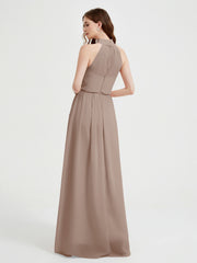 Col Haut Mousseline Robes Avec Fente Et Ceinture Nœud Taupe Grande Taille