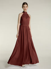 Col Haut Mousseline Robes Avec Fente Et Ceinture Nœud terracotta Grande Taille