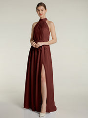Col Haut Mousseline Robes Avec Fente Et Ceinture Nœud terracotta Grande Taille
