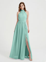 Col Haut Mousseline Robes Avec Fente Et Ceinture Nœud Turquoise Grande Taille