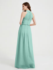 Col Haut Mousseline Robes Avec Fente Et Ceinture Nœud Turquoise Grande Taille