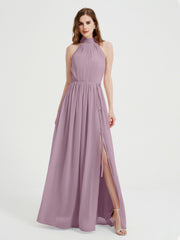 Col Haut Mousseline Robes Avec Fente Et Ceinture Nœud Vintage Mauve