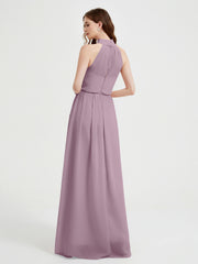 Col Haut Mousseline Robes Avec Fente Et Ceinture Nœud Vintage Mauve Grande Taille