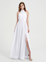 Col Haut Mousseline Robes Avec Fente Et Ceinture Nœud Blanc Grande Taille