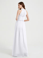 Col Haut Mousseline Robes Avec Fente Et Ceinture Nœud Blanc