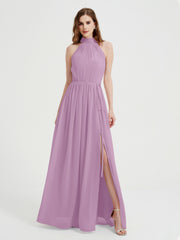 Col Haut Mousseline Robes Avec Fente Et Ceinture Nœud Glycine Grande Taille