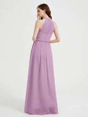 Col Haut Mousseline Robes Avec Fente Et Ceinture Nœud Glycine