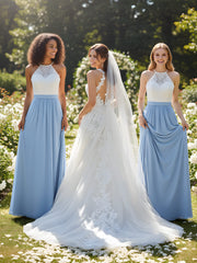 Mousseline Robes Longues Avec Dentelle Ivoire Corsage Sauge Poudrée