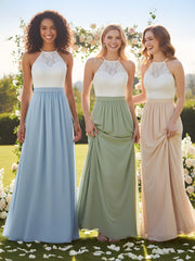 Mousseline Robes Longues Avec Dentelle Ivoire Corsage Sauge Poudrée