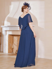 Robe Plissée en Mousseline à Col en V avec Manches Flottantes Bleu Marine