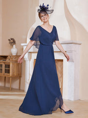 Robe Plissée en Mousseline à Col en V avec Manches Flottantes Bleu Marine