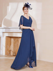 Robe Plissée en Mousseline à Col en V avec Manches Flottantes Bleu Marine