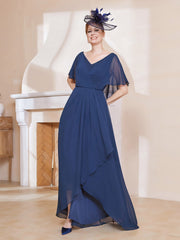 Robe Plissée en Mousseline à Col en V avec Manches Flottantes Bleu Marine