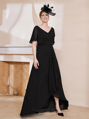 Robe Plissée en Mousseline à Col en V avec Manches Flottantes Noir