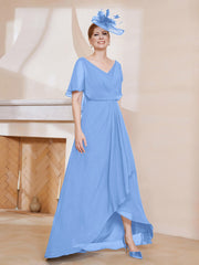 Robe Plissée en Mousseline à Col en V avec Manches Flottantes Bleu