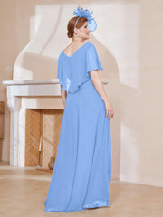 Robe Plissée en Mousseline à Col en V avec Manches Flottantes Bleu Grande Taille