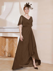 Robe Plissée en Mousseline à Col en V avec Manches Flottantes Brun Grande Taille