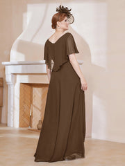Robe Plissée en Mousseline à Col en V avec Manches Flottantes Brun Grande Taille