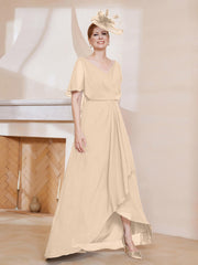 Robe Plissée en Mousseline à Col en V avec Manches Flottantes Champagne