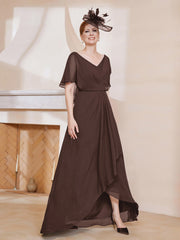 Robe Plissée en Mousseline à Col en V avec Manches Flottantes Chocolat