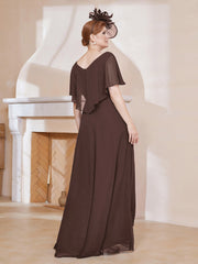 Robe Plissée en Mousseline à Col en V avec Manches Flottantes Chocolat Grande Taille