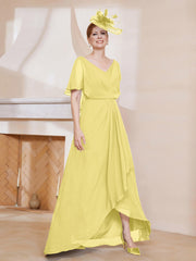 Robe Plissée en Mousseline à Col en V avec Manches Flottantes Jonquille Grande Taille