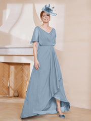 Robe Plissée en Mousseline à Col en V avec Manches Flottantes Bleu Poudré Grande Taille
