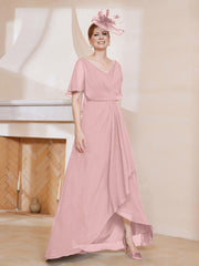 Robe Plissée en Mousseline à Col en V avec Manches Flottantes Rose Poudré Grande Taille