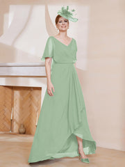 Robe Plissée en Mousseline à Col en V avec Manches Flottantes Sauge Poudrée