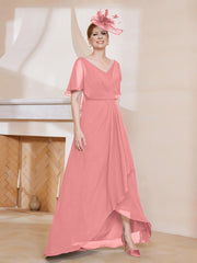 Robe Plissée en Mousseline à Col en V avec Manches Flottantes Flamant Grande Taille