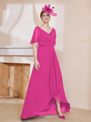 Robe Plissée en Mousseline à Col en V avec Manches Flottantes Fuchsia