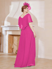 Robe Plissée en Mousseline à Col en V avec Manches Flottantes Fuchsia Grande Taille