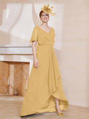 Robe Plissée en Mousseline à Col en V avec Manches Flottantes Or Grande Taille