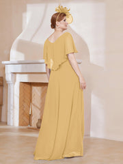 Robe Plissée en Mousseline à Col en V avec Manches Flottantes Or Grande Taille