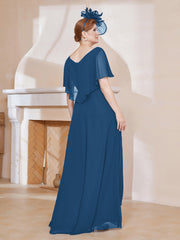 Robe Plissée en Mousseline à Col en V avec Manches Flottantes Bleu Encre Grande Taille