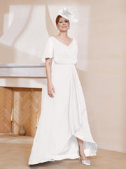 Robe Plissée en Mousseline à Col en V avec Manches Flottantes Ivoire