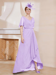 Robe Plissée en Mousseline à Col en V avec Manches Flottantes Lilas Grande Taille