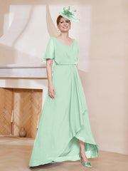 Robe Plissée en Mousseline à Col en V avec Manches Flottantes Vert Menthe