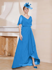 Robe Plissée en Mousseline à Col en V avec Manches Flottantes Bleu Océan