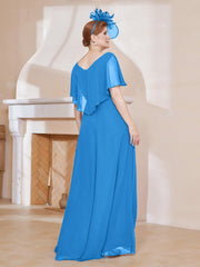 Robe Plissée en Mousseline à Col en V avec Manches Flottantes Bleu Océan Grande Taille