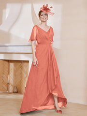 Robe Plissée en Mousseline à Col en V avec Manches Flottantes Papaye